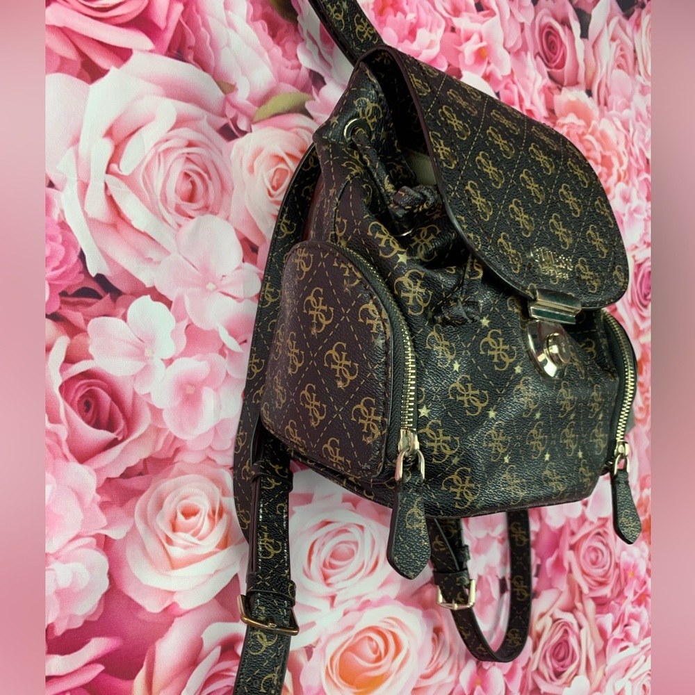 GUESS🤎brown leather like G monogram mini bucket hobo backpack bag - Picture 11 of 13